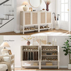 SICOTAS Shoe Cabinet with Storage - 3 Pieces Farmhouse Shoe Organizer with Rattan Doors & Shelves, 5 Tier Free Standing Shoe Rack Storage Cabinet for Entryway, Living Room, Closet (White Cream Oak)