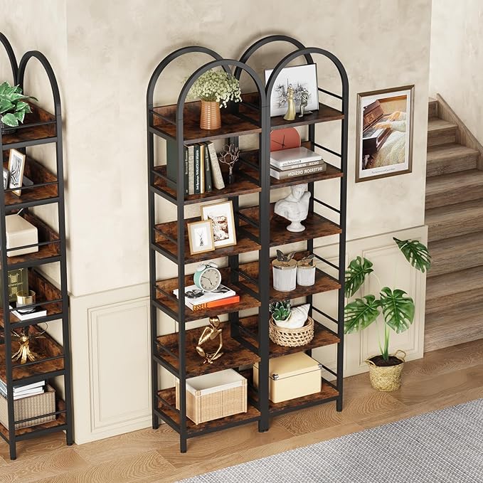 Tribesigns 6-Tier Open Bookshelf, 78.7" Tall Arched Bookcase Narrow Bookshelf with Metal Frame, Freestanding Corner Bookcase Display Shelves for Living Room, Home Office, Rustic Brown