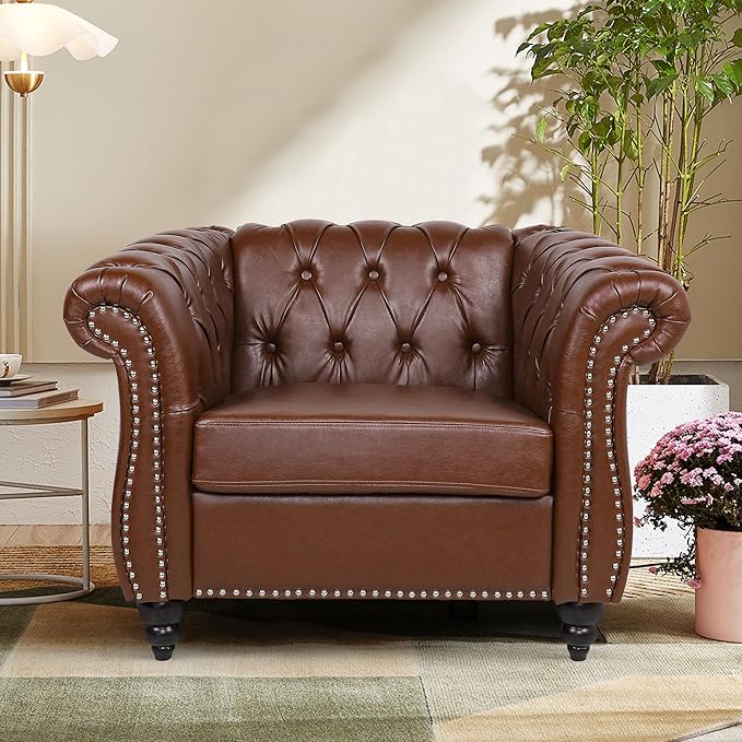 2 Piece Living Room Furniture Set, Faux Leather Loveseat and Chair Set, Mid Century Modern Upholstered Sofa Couch with Cushions, Vintage Comfy Tufted Chesterfield Couches for Bedroom, Office (Brown)