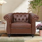 2 Piece Living Room Furniture Set, Faux Leather Loveseat and Chair Set, Mid Century Modern Upholstered Sofa Couch with Cushions, Vintage Comfy Tufted Chesterfield Couches for Bedroom, Office (Brown)
