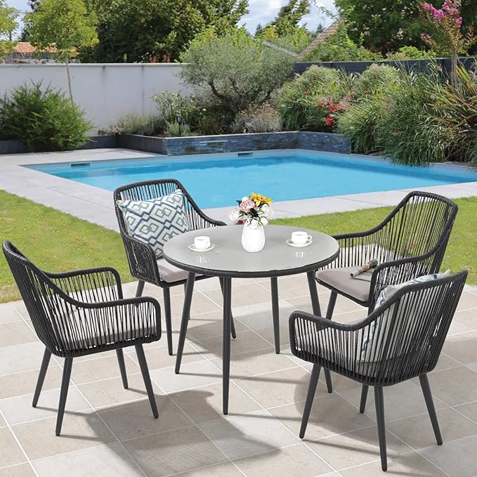 JOIVI 5 Piece Outdoor Dining Set, Wicker Patio Furniture Dining Chairs and Table Set with Cushions for 4 People, Tempered Glass Tabletop with 2.16” Umbrella Hole, for Lawn, Backyard, Garden, Black