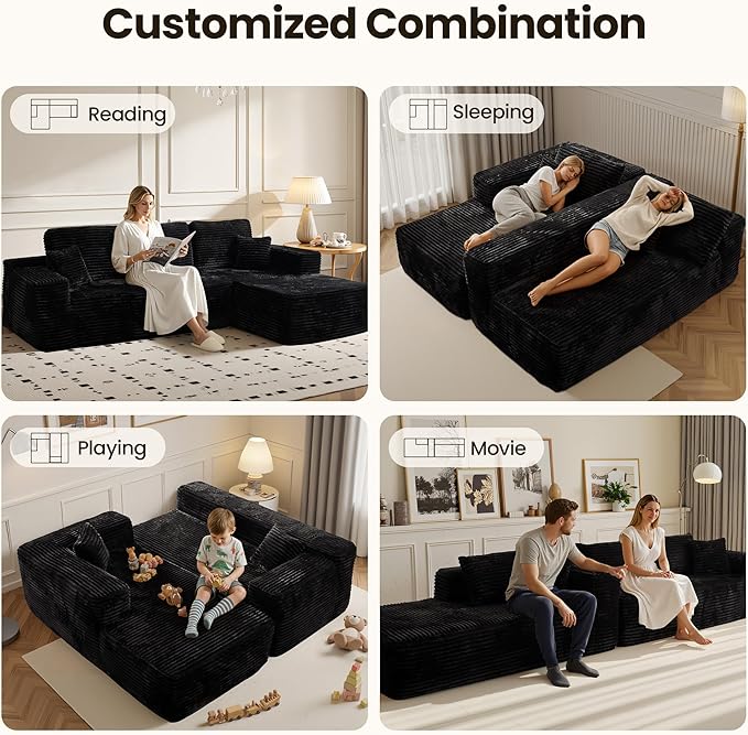 104" Cloud Sectional Couch with Chaise, Boneless L-Shaped Cloud Couch with Deep Seat, Soft Plush Modern Minimalist Sofa, Assembly Free Comfy Sofa for Office Living Room Apartment(Black, Right Chaise)