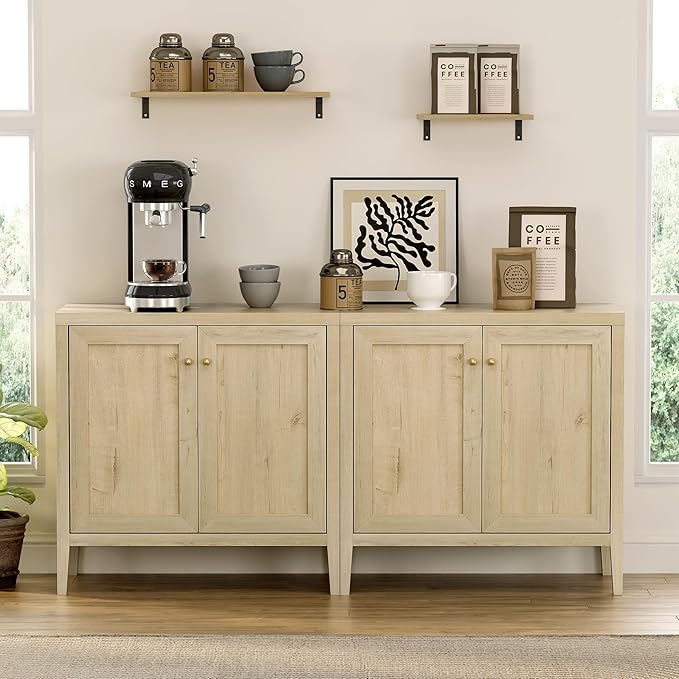 63" Large Buffet Cabinets Set of 2, Farmhouse Sideboard Cabinet with Storage, Accent Credenza Cabinet, Wood Kitchen Cabinets, Coffee Bar Console Table for Living, Dining Room, Light Oak