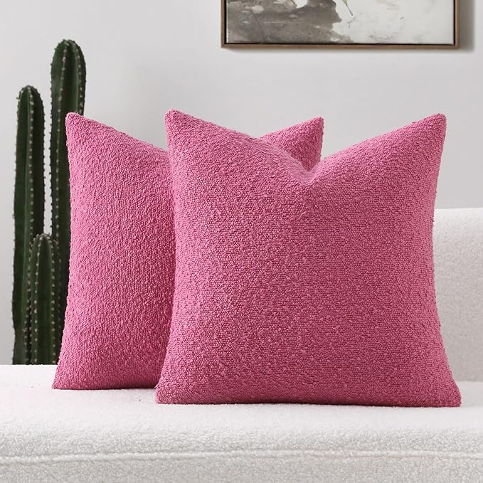 FUTEI Pack of 2 Hot Pink Decorative Throw Pillow Covers 22x22 Inch Soft Cozy Solid Boucle Textured Cushion Case,Modern Home Decor for Couch Bed Living Room