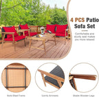 COSTWAY 4 Pieces Acacia Wood Patio Conversation Set, Outdoor Wicker Sofa with Coffee Table & Cushions, Patio Rattan Furniture Set for Yard, Porch, Poolside, Balcony, Backyard, Red