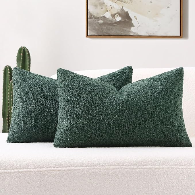FUTEI Christmas Pack of 2 Dark Green Decorative Throw Pillow Covers 12x20 Inch Soft Cozy Solid Boucle Textured Lumbar Pillow Cases,Modern Home Decor for Couch Bed Living Room