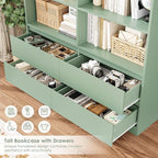 FINETONES 71" Bookshelf with Drawers, 47.3" Double Wide Bookshelves and Bookcases with Storage, Tall Bookshelf Large Open Book Shelf Standing Book Case for Home Office, Green