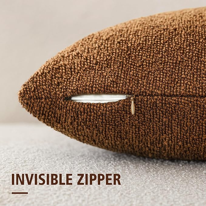 Foindtower Set of 2, Decorative Textured Boucle Throw Pillow Covers Accent Solid Pillow Cases Neutral Soft Cozy Couch Cushion Case for Chair Sofa Bedroom Living Room Home Decor 24x24 Inch Hazel Brown