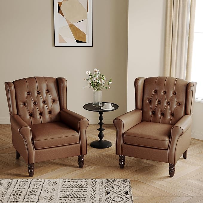 Lumibee High Back Accent Chairs Set of 2,Upholstered Faux Leather Wingback Armchairs with Solid Wood Legs for Small Spaces,Comfy Single Sofa Chairs for Living Room,Bedroom,Office-Brown