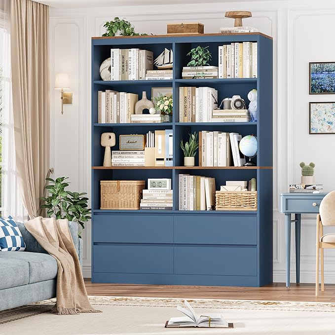 FINETONES 71" Bookshelf with Drawers, 47.3" Double Wide Bookshelves and Bookcases with Storage, Tall Bookshelf Large Open Book Shelf Standing Book Case for Home Office, Blue