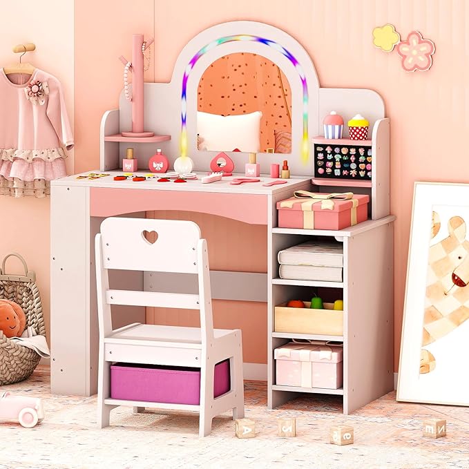 Costzon Kids Vanity, Girls Vanity Set with Lighted Mirror, Bookshelf, Jewelry Storage, Toddler Makeup Vanity Desk Dressing Table, Wooden Kids Vanity Table and Chair Set (White)