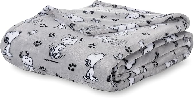 Berkshire Blanket Peanuts® VelvetLoft® Cute Character Snoopy Plush Blanket,Peanuts Poses and Paws Grey,Full/Queen 90 in x 90 in (Official Peanuts® Product)