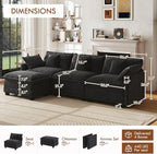 WorthFurni 111.4” Cloud Couch Modular Sectional Sofa with Ottoman, Comfy Modern 3-Seater Couches with Pillows & Upholstered Deep Seat Cushion for Apartment Living Room Bedroom (Black)