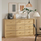 9 Drawer Dresser, Mid Century Modern Dresser with Storage, 55" Wide Chest of Drawers with Wood Grain Texture, Dressers TV Stand for Bedroom, Living Room, Hallway, Gold Oak
