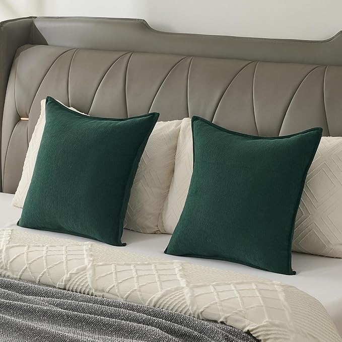 FUTEI Christmas Dark Green Chenille Throw Pillow Covers 24x24 Inch Set of 2,Edges Double-Stitched European Cushion Cases,Modern Home Decor for Couch Living Room