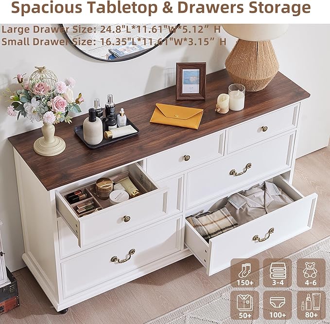 Farmhouse Dresser and Nightstand Sets, Wood 54" Wide Dresser & 24" Night Stand with Charging Station, 2 Piece Bedroom Furniture Set, Chest of Drawers for Bedroom, Home, Living Room, Hallway