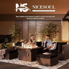 NICESOUL 29.3'' High Back Patio Set with Firepit Propane & Natural Gas, 7 Piece Oversized Large Wicker Outdoor Sectional Couche Sets, Heavy Duty Backyard Furniture, Brown Rattan and Black Cushion
