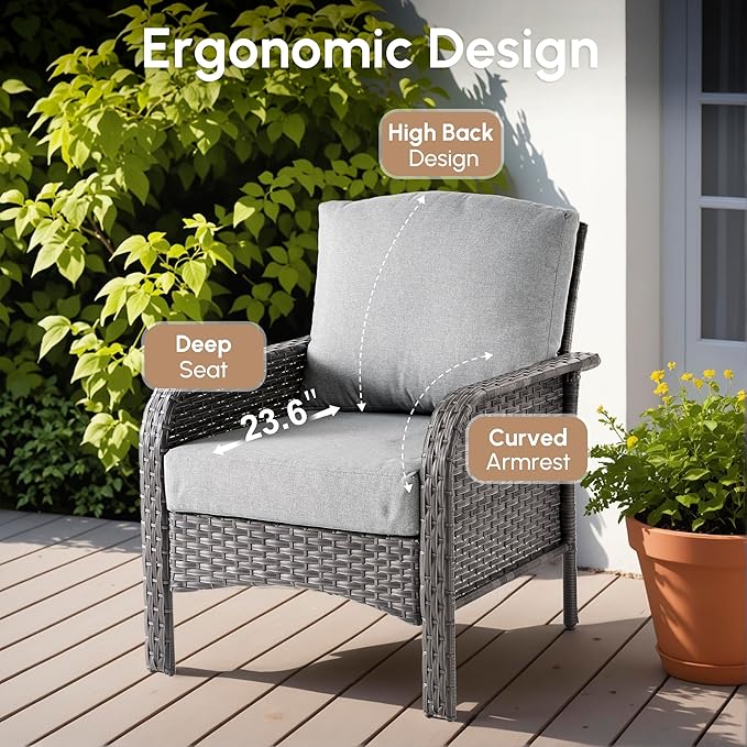 2 Pieces Wicker Patio Chairs - Outdoor Rattan Chairs Set of 2,All-Weather PE Wicker Dining Chair Set with High Back and Deep Seating for Deck Porch,Light Grey