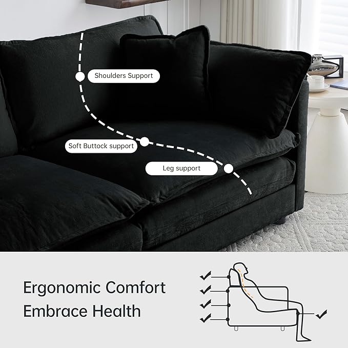 Modular Sectional Sofa, 111.5 Inch U-Shaped Cloud Sofa with Deep Seat Chenille Sofa with Cushions, Three-Self Sectional Sofa for Living Room Apartment,Black