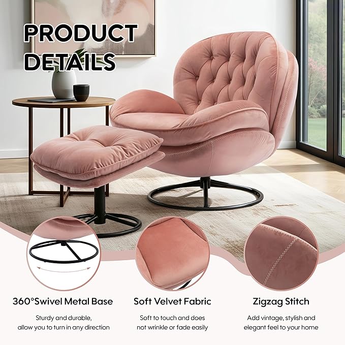 360° Swivel Modern Velvet Accent Chair with Ottoman | Mid-Century Button Tufted Lounge Chair for Living Room & Bedroom, Pink