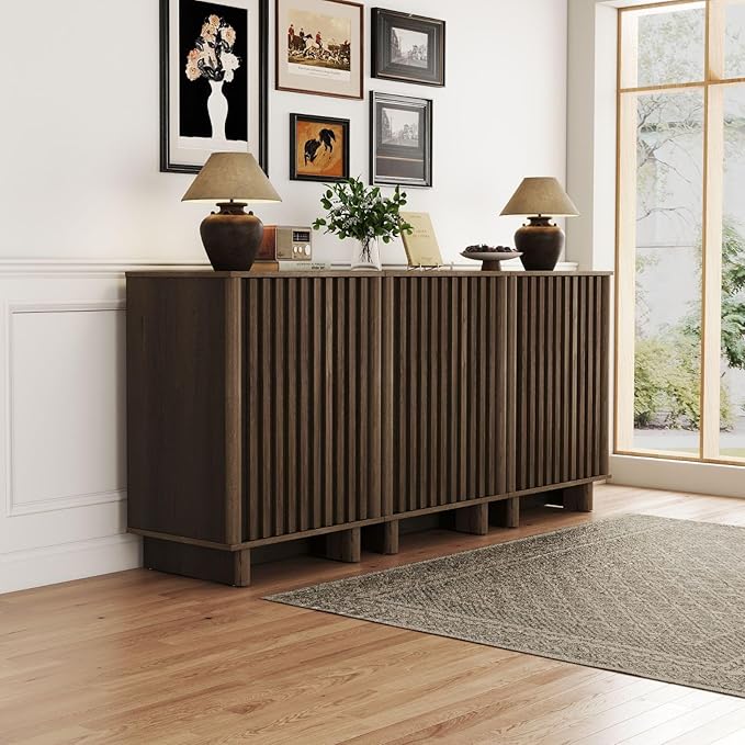 Sideboard Buffet Cabinet with Storage, Walnut Freestanding Floor Cabinet Farmhouse Sideboard with 2 Fluted Doors Wooden Hallway Cabinet Media Console Table Credenza for Living Room Dining Room, 2PCS