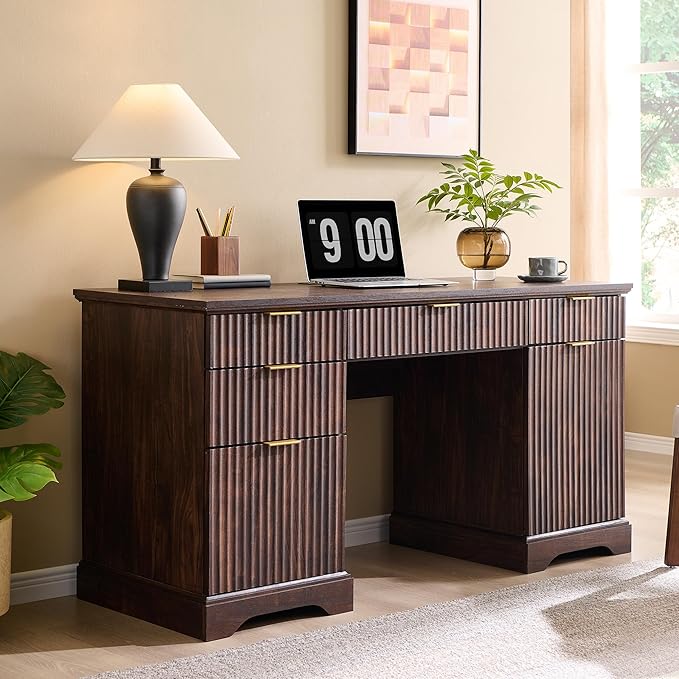 JXQTLINGMU 58" Modern Executive Desk with Storage, Wood Home Office Desk with 5 Drawers & 1 Cabinet, Fluted Computer Writing Desk for Study, Living Room, Bedroom, Dark Walnut