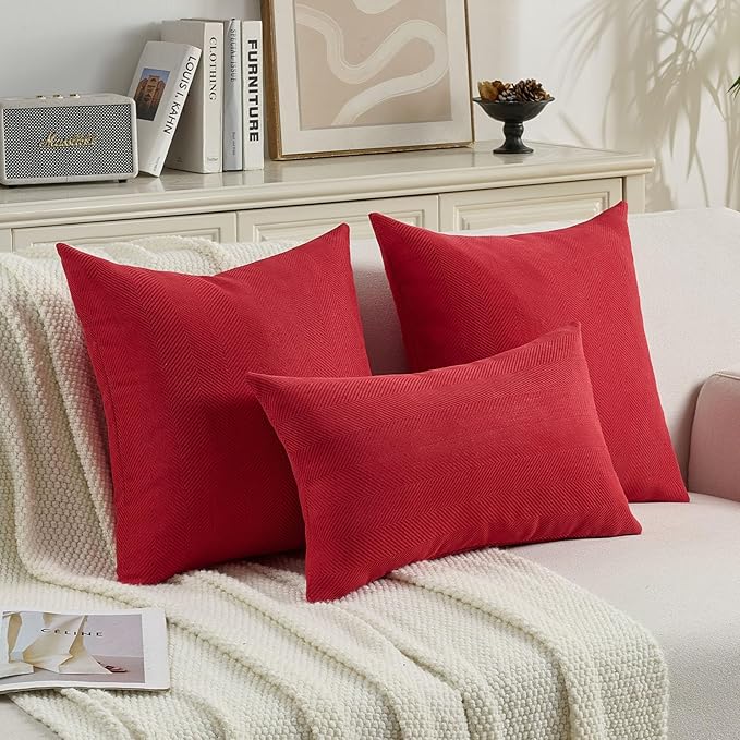 FUTEI Christmas Red Chenille Throw Pillow Covers 18x18 Inch Set of 2,Soft Wide Chevron Textured Cushion Case,Farmhouse Home Decor for Couch Bed Living Room