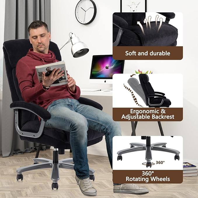 CLATINA Big and Tall Executive Office Chair, Extra Wide Seat, 800 LBS Capacity Heavy Duty Ergonomic Cloth Desk Chair with Wheels and Padded Armrests, High Back Fabric Computer Task Chair, Black