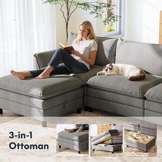 FLEXISPOT SF6 Cloud Sectional Couch for Living Room with Reversible Ottoman, 100.4" L-Shaped Modular Sectional Sofa with Storage, 3-Seater Comfy Sofa Couch for Apartment, Chenille Gray