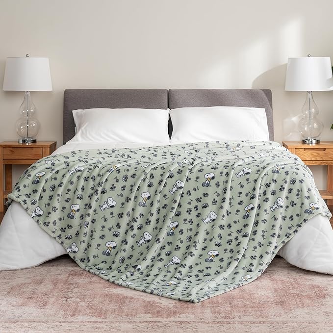 Berkshire Blanket Peanuts® VelvetLoft® Cute Character Snoopy Plush Blanket,Peanuts Snoopy & Woodstock New Flower and Bees Sage,Full/Queen 90 in x 90 in (Official Peanuts® Product)