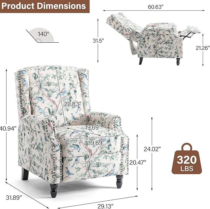 Wingback Recliner Chair, Floral Fabric Pushback Recliner Chair, Upholstered Armchair Push Back Recliner, Rivet Trim Single Sofa Accent Chair with Wood Legs for Living Room, Bird