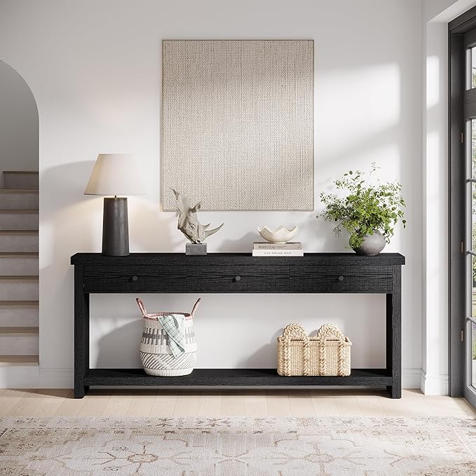 Tribesigns 70.9 inch Sofa Console Table with 3 Drawers, Extra Long Entryway Table with Open Storage Shelves Wooden Couch Table Foyer Tables Furniture for Living Room Hallway Entrance, Black