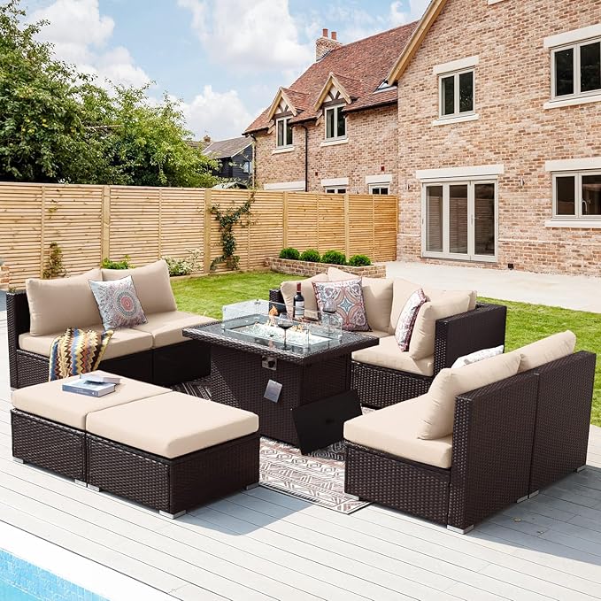 NICESOUL 29.3'' High Back Outdoor Patio Sectional Furniture with Firepit Table Natural Gas & Propane Convertible, 8 Seater Deep Wide Modern Couch, Extra Large Wicker Conversations for Backyard, Brown