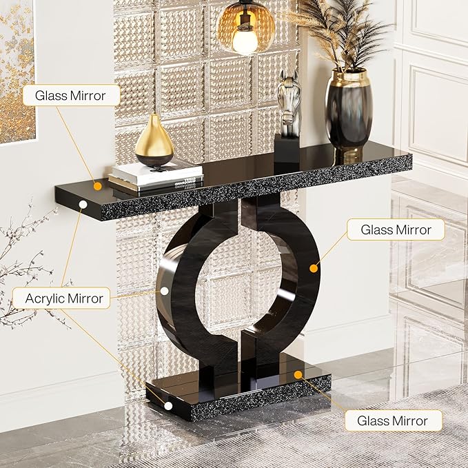 Tribesigns Modern Mirrored Console Table, Glass Sofa Table with Mirror Finish, 43-Inch Entryway Table with O-Shaped Base, Rectangular Accent Foyer Table for Living Room Hallway Entrance (Black)