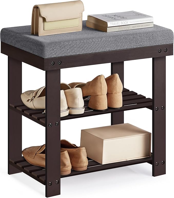 SONGMICS Bamboo Shoe Bench, 3-Tier Shoe Rack Organizer for Entryway, Living Room, Bench Seat Holds Up to 300 lb, 11.9 x 20.5 x 19.2 Inches, Rustic Walnut and Slate Gray ULBS504M01