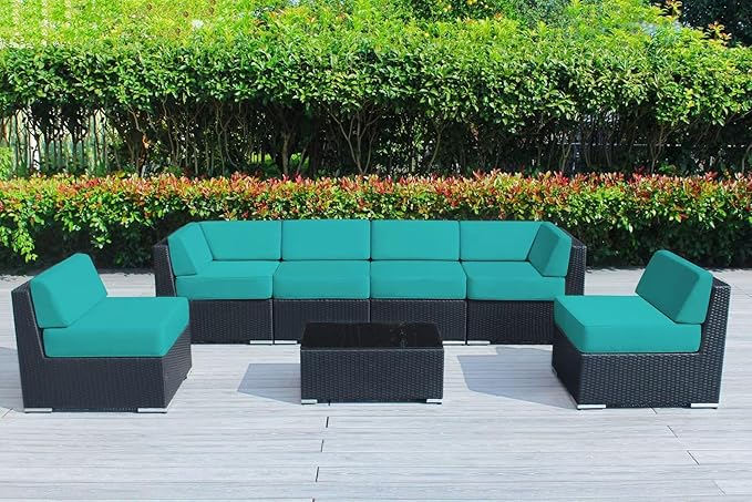 Outdoor Patio Furniture with 6-inch Thick Rainshield Cushions, No-Assembly 7-Piece All-Weather Wicker Sectional Set (Supercrylic Turquoise)