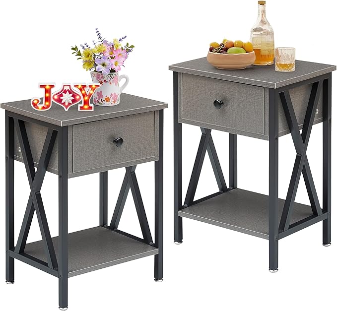 VECELO End Tables, Modern Nightstand with Drawer & Shelf, Night Stand for Bedroom Living Room,Industrial Metal Frame