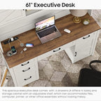 Farmhouse 67" H Executive Desk with Hutch,Office Desks with 5 Drawers, Computer Desk with Storage Cabinet & File Drawers and Charging Station, Wood Workstation for Home Office,Study.(Unique White).