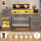 BTHFST Farmhouse Executive Desk with File Drawer, Computer Desk with Charging Station & LED Lights, Home Office Desk with Drawers & Storage Cabinet, Executive Office Desk with Monitor Stand, Grey