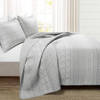 Lush Decor Hygge Geo Pattern Striped 3 Piece Quilt Bedding Set, King, Light Gray