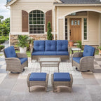 HUMMUH 7 Pieces Outdoor Furniture Set-All Weather Wicker Rattan Couch with Outdoor Rocking Chair Patio Furniture for Deck Lawn Porch Balcony Poolside-Grey/Blue