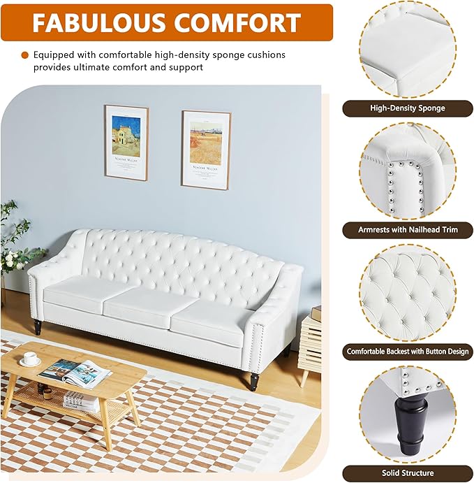 LEVNARY Mid-Century Modern Velvet Sofa, 80" Large Upholstered Sofa with High Back, Chesterfield Couch Sleeper Settee with Solid Wood Legs, Tufted 3 Seater Wide Couches for Living Room Office (White)