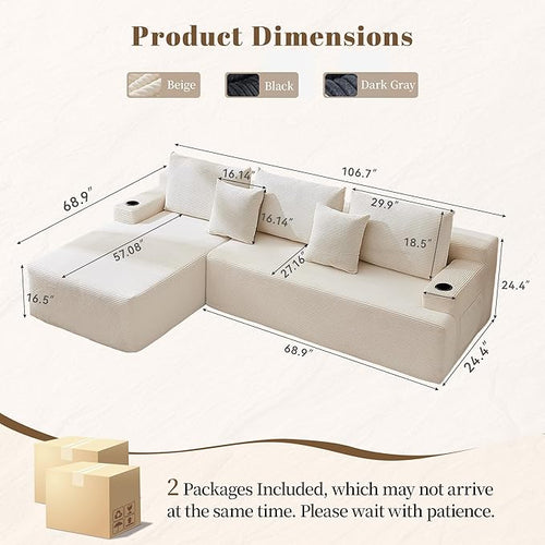 106" Cloud Sectional Couch, Modular Sectional Sofa with L-Shape Chaise, Corduroy Boneless Couch with Deep Seat, Upholstered Sofa for Living Room, No Assembly Required(Left-Facing Chaise, White)