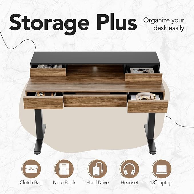 HUANUO Electric Standing Desk with Drawers, 48 Inches Height Adjustable Stand Up Desk with Monitor Shelf, Whole-Piece Board Computer Workstation with 4 Memory Height Settings, Black Walnut