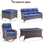 Rilyson Wicker Outdoor Patio Furniture Set - 6 Piece Patio Conversation Sets with Swivel Rocker Chairs, Ottomans, Sofa and Coffee Table, 6 inch Cushions, Deep Seating, for Porch Deck Brown/Blue