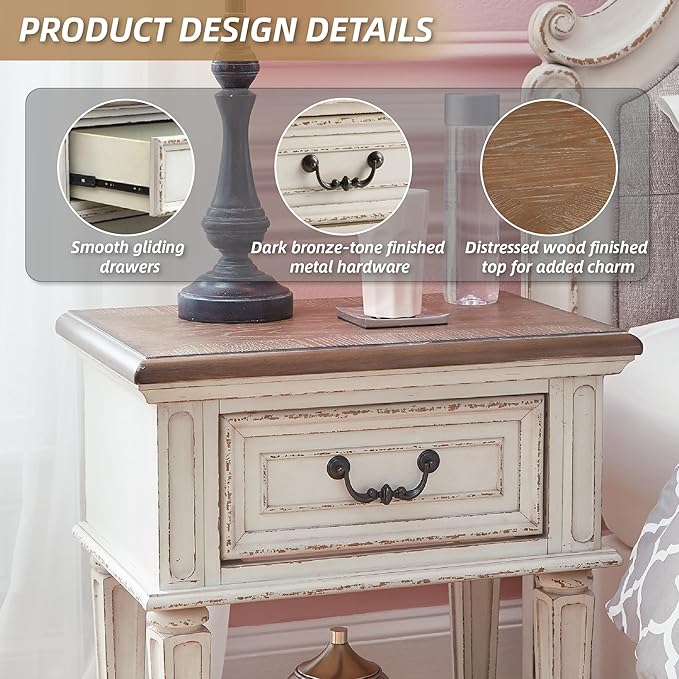 Signature Design by Ashley Realyn Traditional Cottage 1 Drawer Nightstand with Dovetail Construction & Open Display Shelf, Chipped White, 27" Tall, Distressed Brown