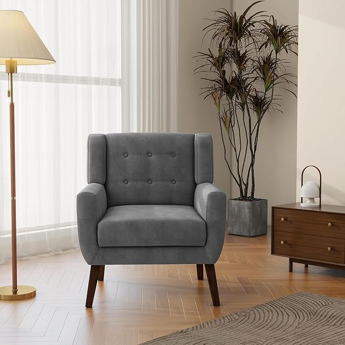 Accent Chair, Mid-Century Modern Velvet Fabric Chairs with Arms for Living Room, Comfy Upholstered Club Single Sofa Armchair for Bedroom Waiting Room with Solid Wood Frame (Velvet Grey, Set of 2)