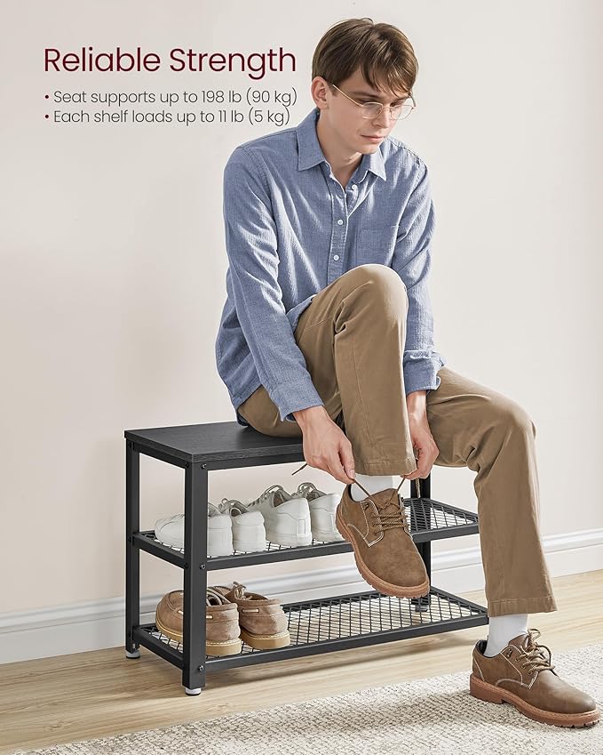 VASAGLE, 3-Tier Shoe Rack, Shelf Storage Bench with Metal Mesh Shelves and Seat, Free Standing Shoe Organizer for Entryway, 11.8 x 28.7 x 17.7 Inches, Ebony Black and Black ULBS073B06
