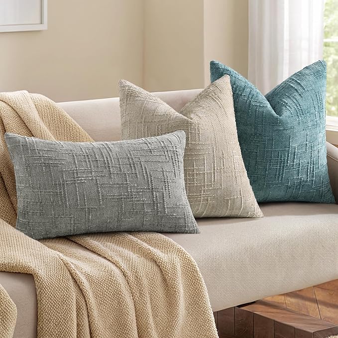 decorUhome Teal Chenille Throw Pillow Covers 18x18 Set of 2 Thick Textured Slubby Couch Pillow Covers Farmhouse Accent Modern Neutral Decorative Pillow Cases for Bed Sofa Living Room