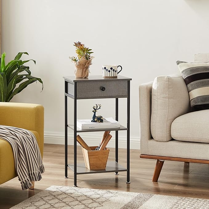 VECELO Tall End Side Table,Nightstand with Adjustable Shelf and Bin Drawer for Living Room/Bedroom/Entryway Small Spaces